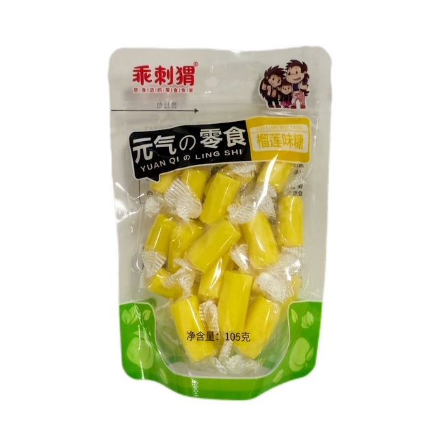 H360609乘刺猬元气零食榴莲味糖105g